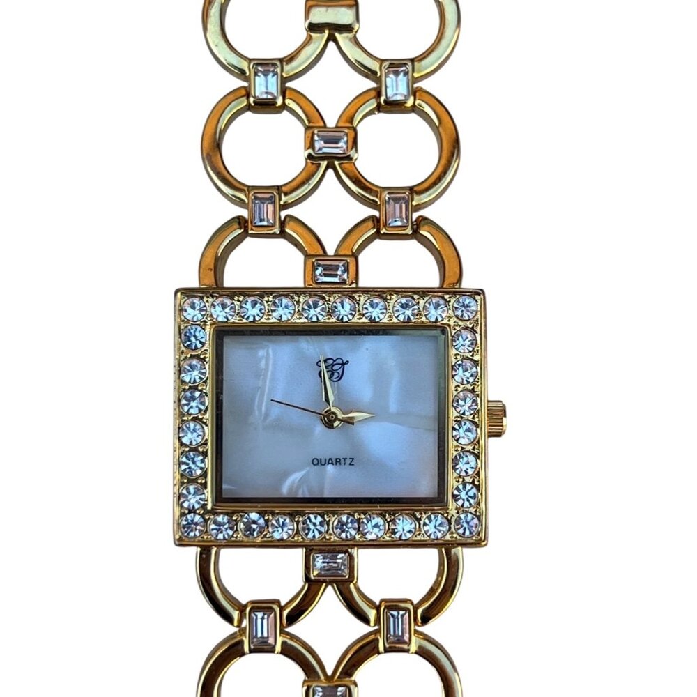Elizabeth Taylor White Diamonds Gold Rhinestone Quartz Ladies Watch 8” Link Band - Picture 2 of 8